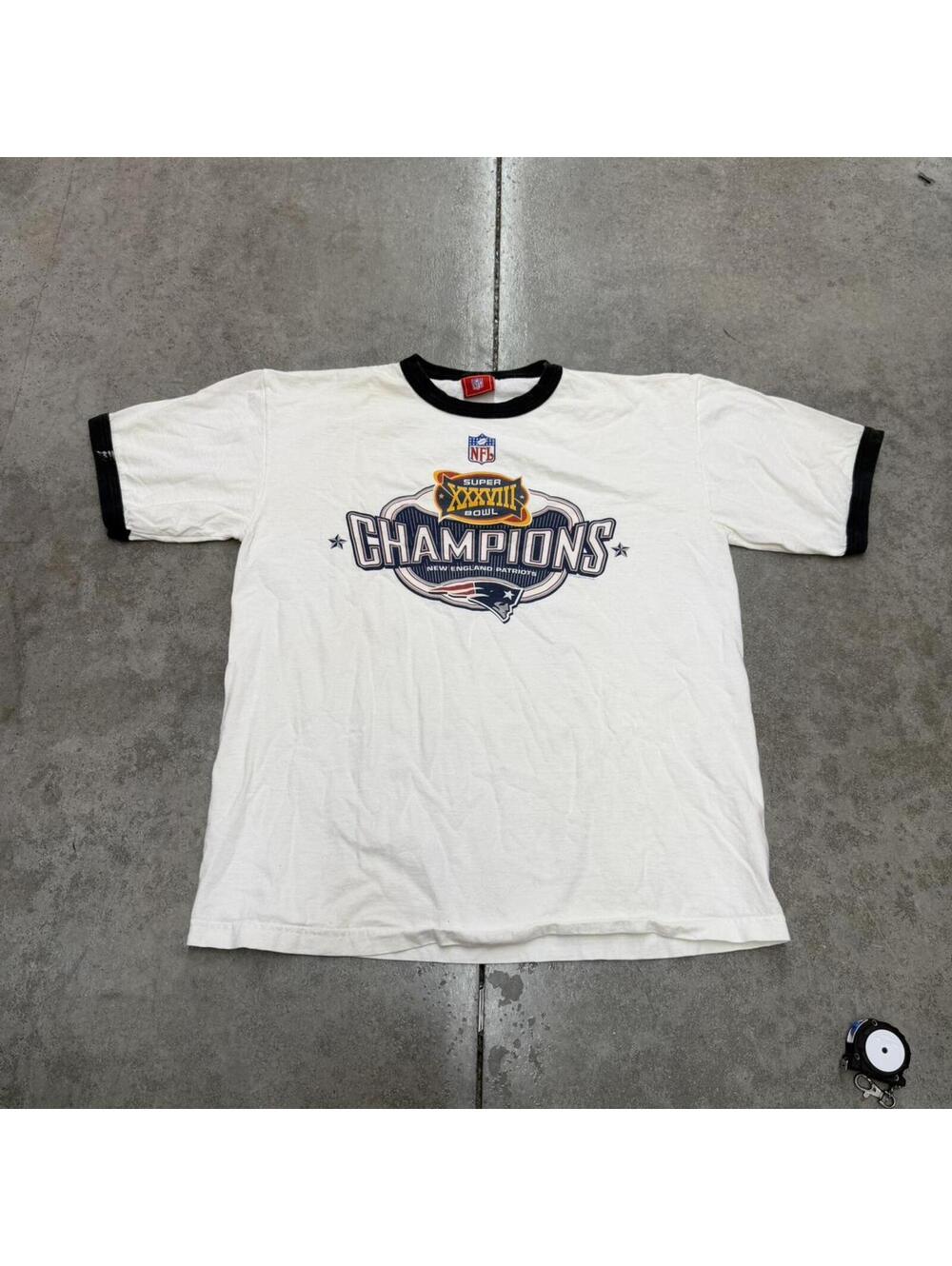 vintage new england patriots super bowl champions white ringer shirt size large